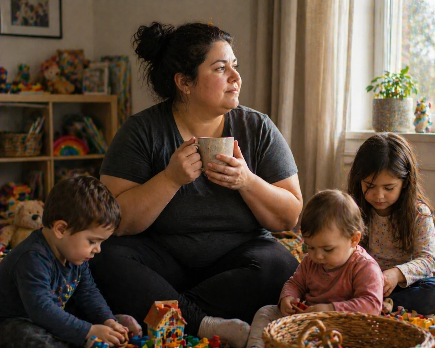 Eine Frau mit Kindern im Wohnzimmer